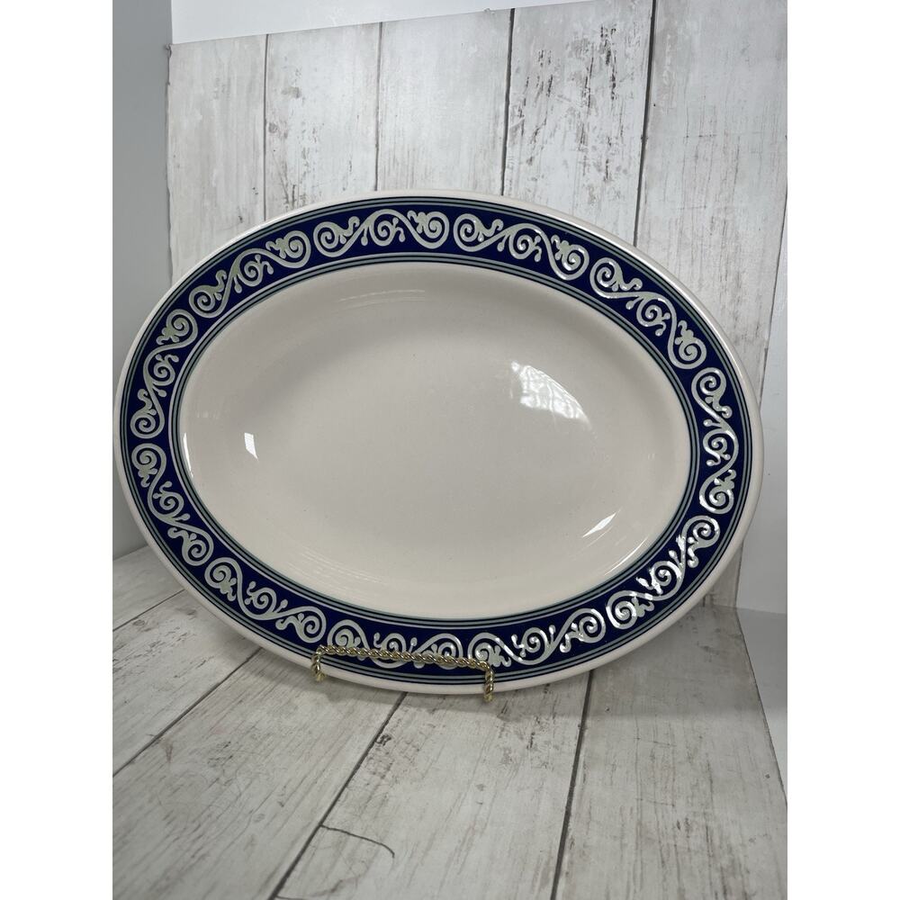 pier 1 Farm House Ceramic oval serving bowl vitra scroll Blue Trim 12.5”x 9.75”